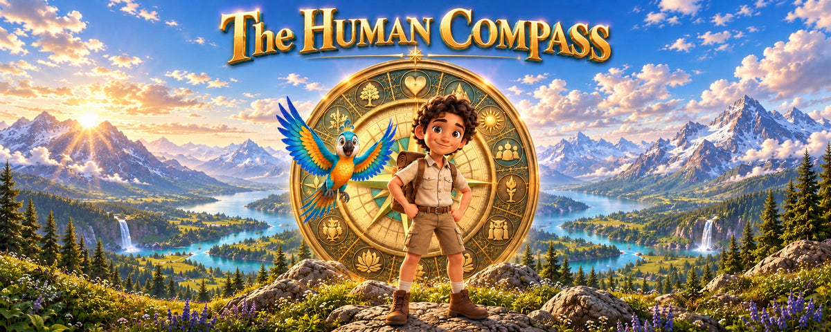 Ari and Shaka standing before the glowing Human Compass in a mountain valley